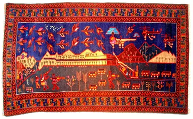Afghan war rug from western Afghanistan, measuring 90 x 150 cm. It depicts the attack on Taliban positions in Bagram in October and November 2001.