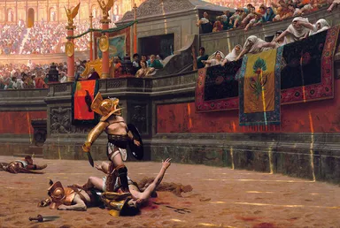 Pollice Verso (from Latin: with a turned thumb) is an 1872 painting by French artist Jean-Léon Gérôme, featuring the eponymous Roman gesture directed to the winning gladiator.