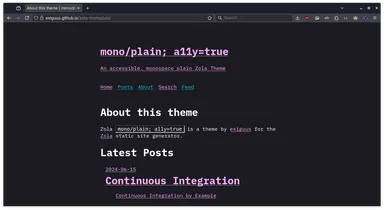 A screenshot of the zola-monoplain theme, showing a clean, readable layout with a focus on content. The design is minimalistic, with a monospace font and a neutral color scheme, emphasizing accessibility and user preferences.